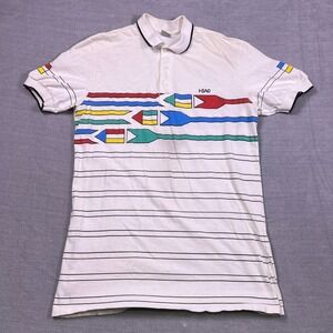 Vintage Head Sportswear Mens White Graphic Stripe Polo Shirt Short Sleeve 2192